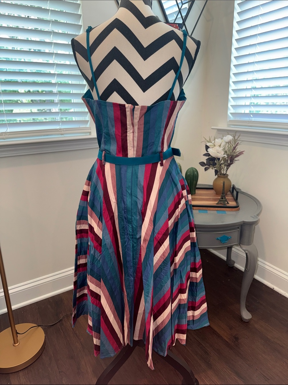 Unique Vintage Collectif Nova Paradise Teal & Pink Stripe Swing Dress - Picture 8 of 14